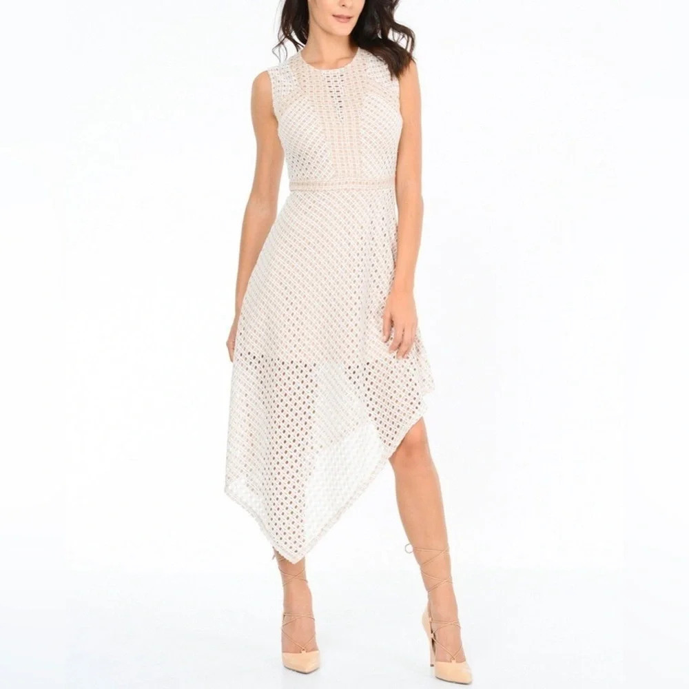 BCBG Max Azria Tracie Asymmetrical Hi Lo Lace Dress Bare Pink Nude Sz Small